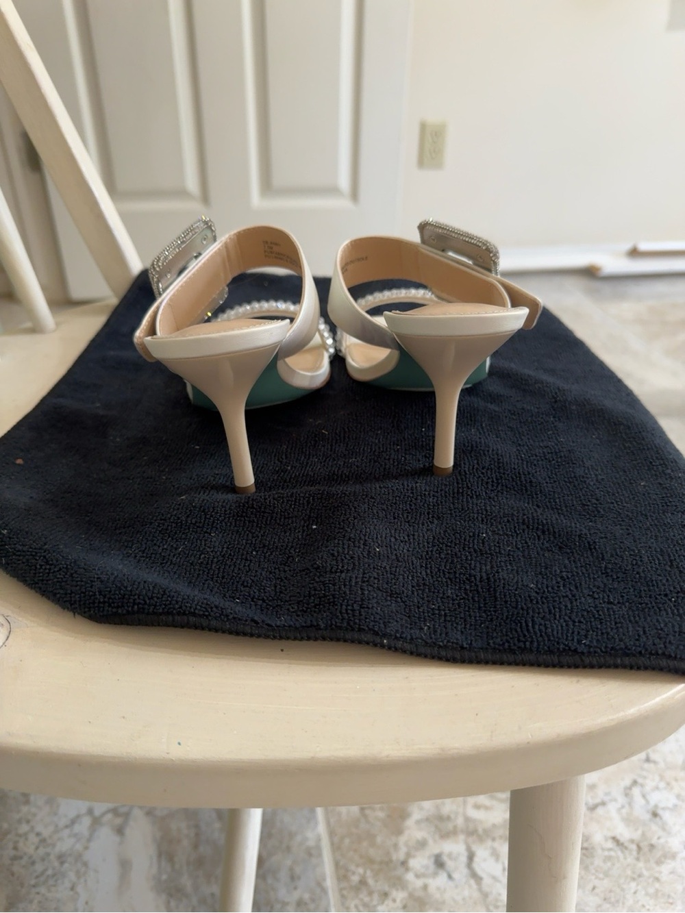 Betsey Johnson Ivory Satin Slide Mules with Crystal Buckles - Picture 4 of 5